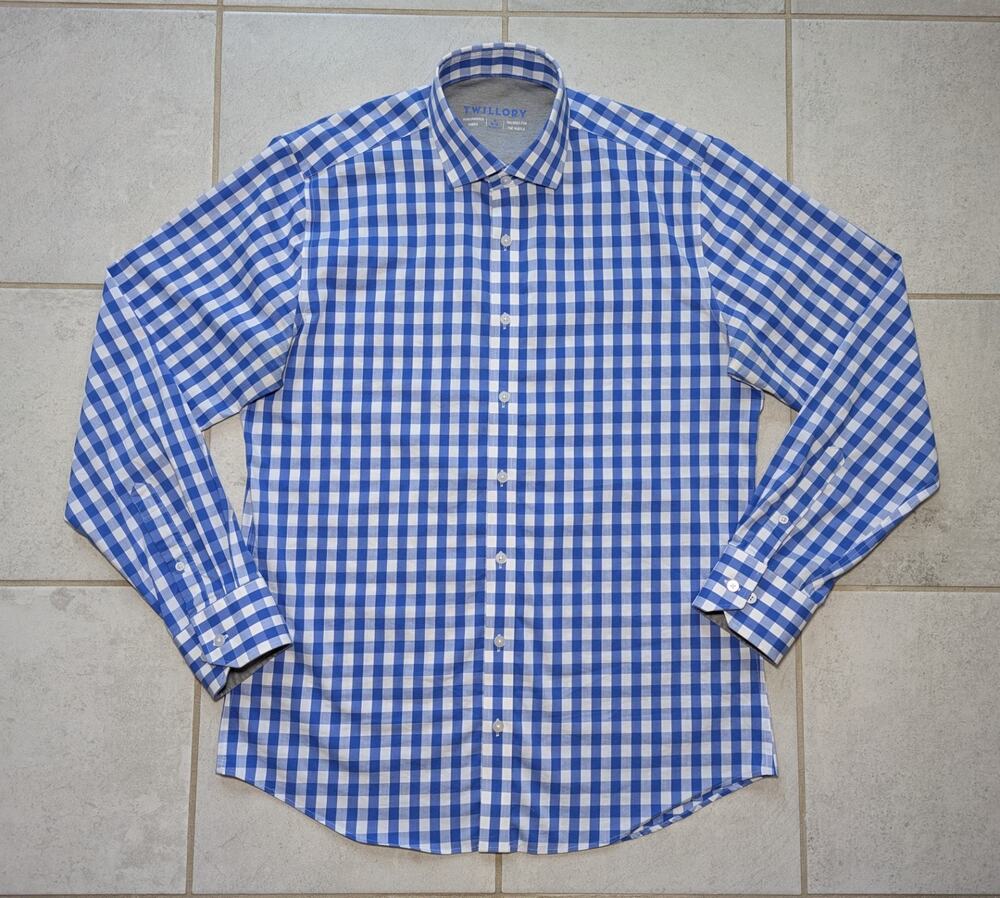 Twillory Men's 16 34-35 Performance Button Up Tailored Fit Blue White Check
